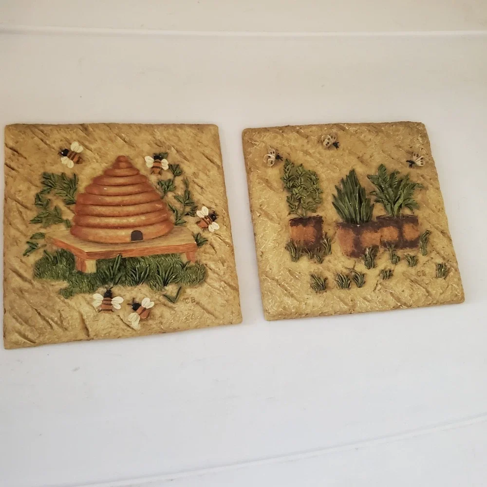 Vintage CB Beehive and Potted Plants Resin Wall Plaques Set of 2 Garden Art